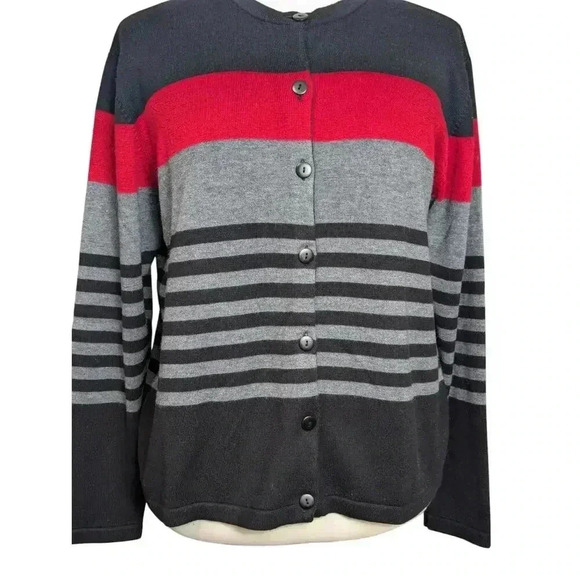DressBarn Small Red Black Gray Striped Button Front Cardigan Knit Sweater - Picture 2 of 6